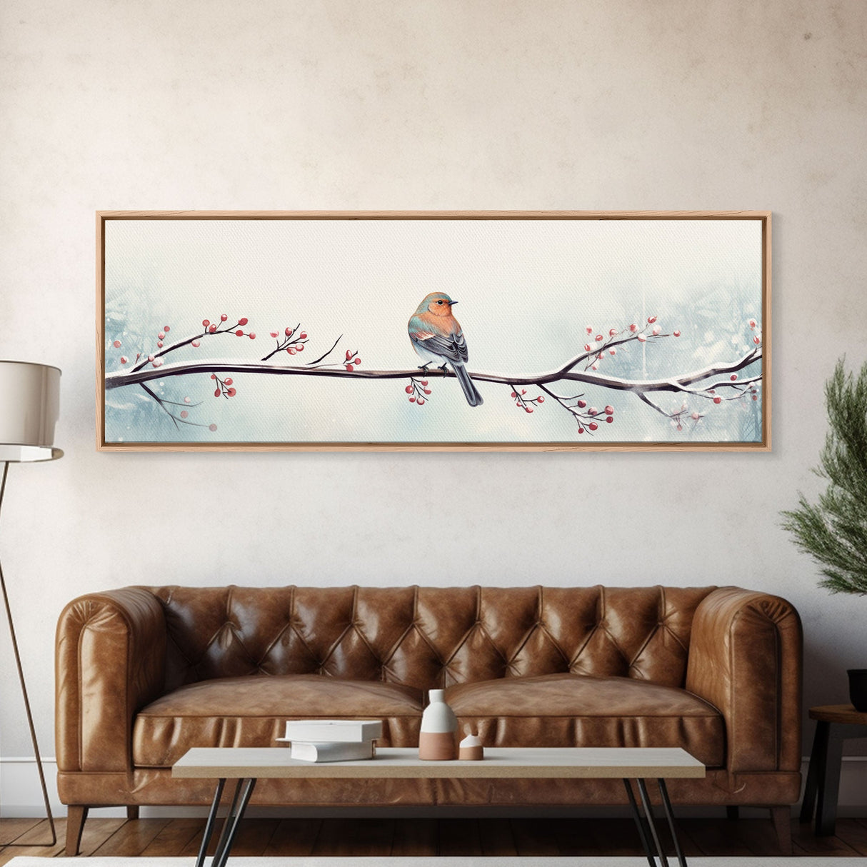 Panoramic Print Of a Bluebird On A Tree Branch, Framed Canvas Print, Winter Centerpiece, Autumn Decor, Fall Decor, Cute Wall Art