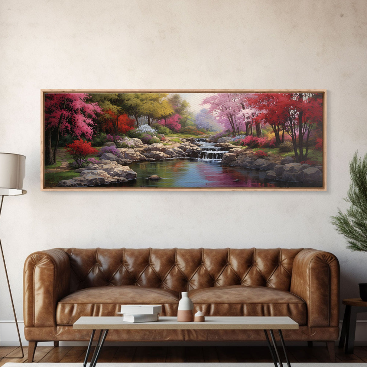 Panoramic Landscape Print Of A Tranquil Spring Stream, Framed Canvas Print, Original Landscape Oil Painting, Guest Room Decor