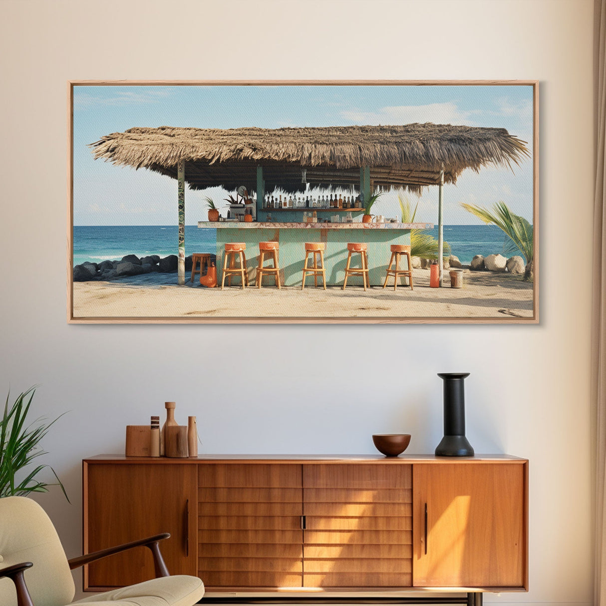 Beachside Tiki Hut Bar and Grill, Framed Canvas Print, Liminal Art, Framed Wall Decor Beach Photography, Surf Art, Surf Print Nautical Decor