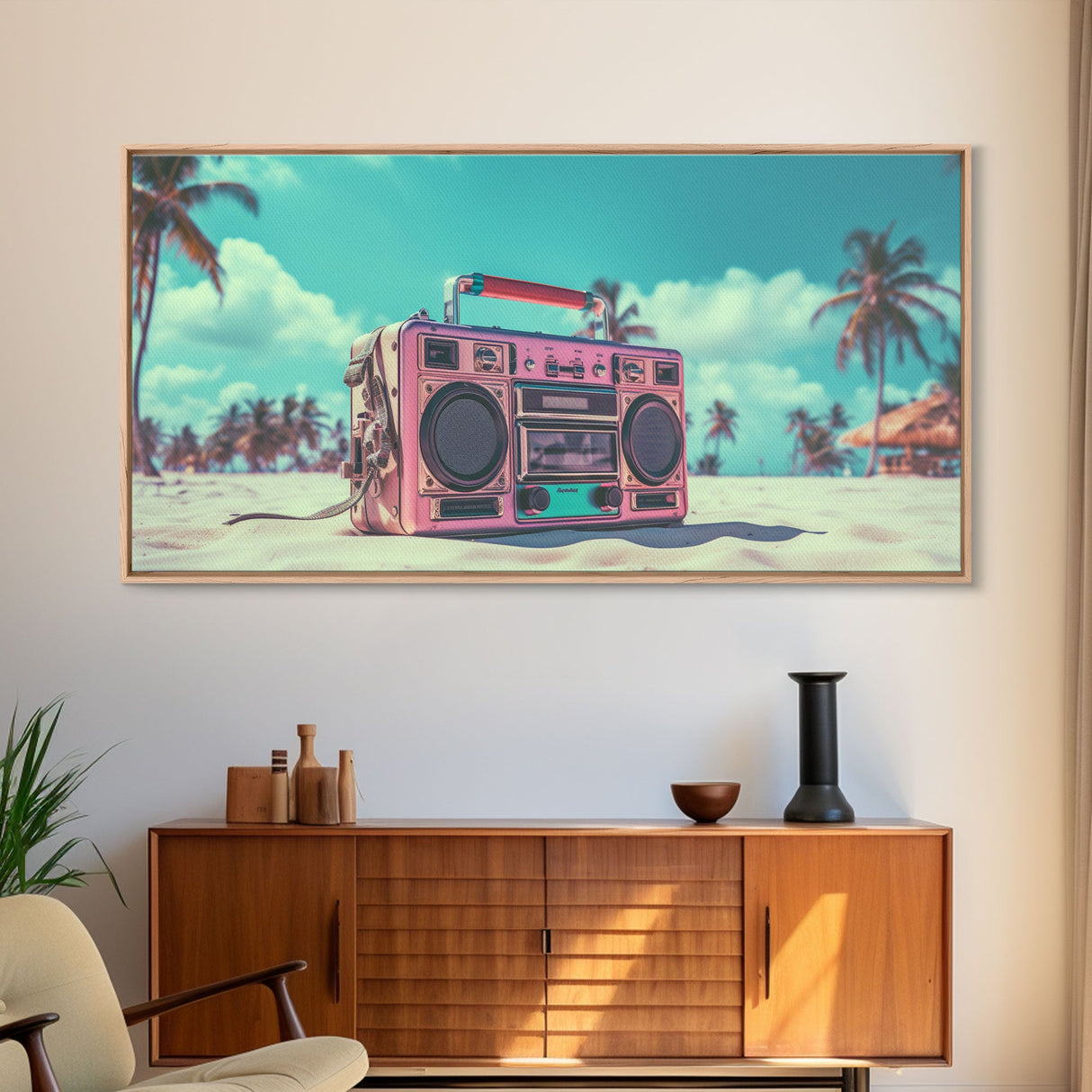 Vaporwave Boombox On The Beach Wall Art, Framed Canvas Print, 1980s Inspired Home Decor, Retro Art, 80s Decor, Aesthetic Decor