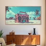 Vaporwave Boombox On The Beach Wall Art, Framed Canvas Print, 1980s Inspired Home Decor, Retro Art, 80s Decor, Aesthetic Decor