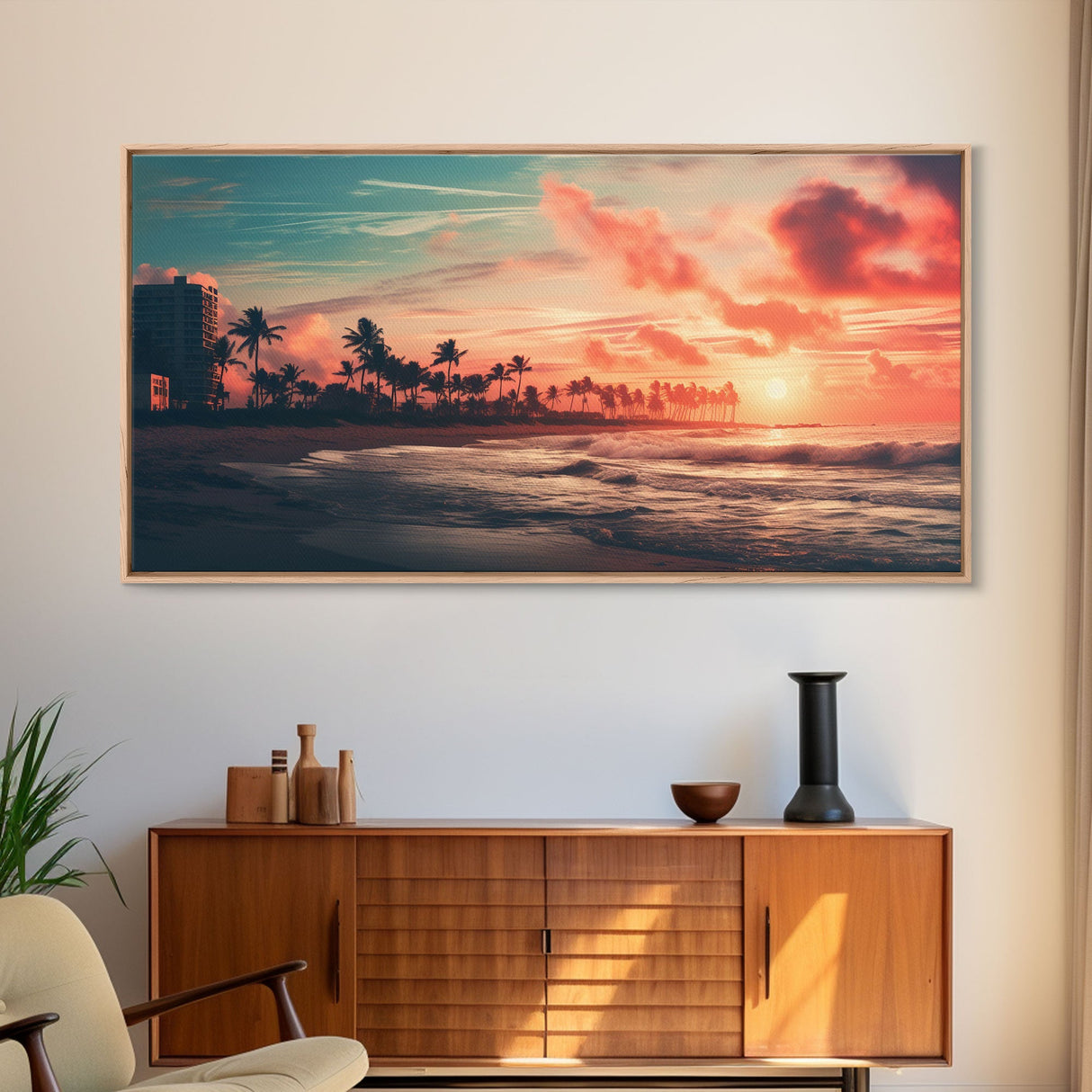 Sunset Over A Miami Beach, Framed Canvas Print, Vaporwave Wall Art, Retro 1980s Beach Art