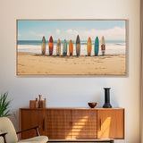 Boho Beach Decor, Framed Canvas Print, Retro Surf Boards In The Sand, Living Room Decor, Gift For Him, Surfer Gift