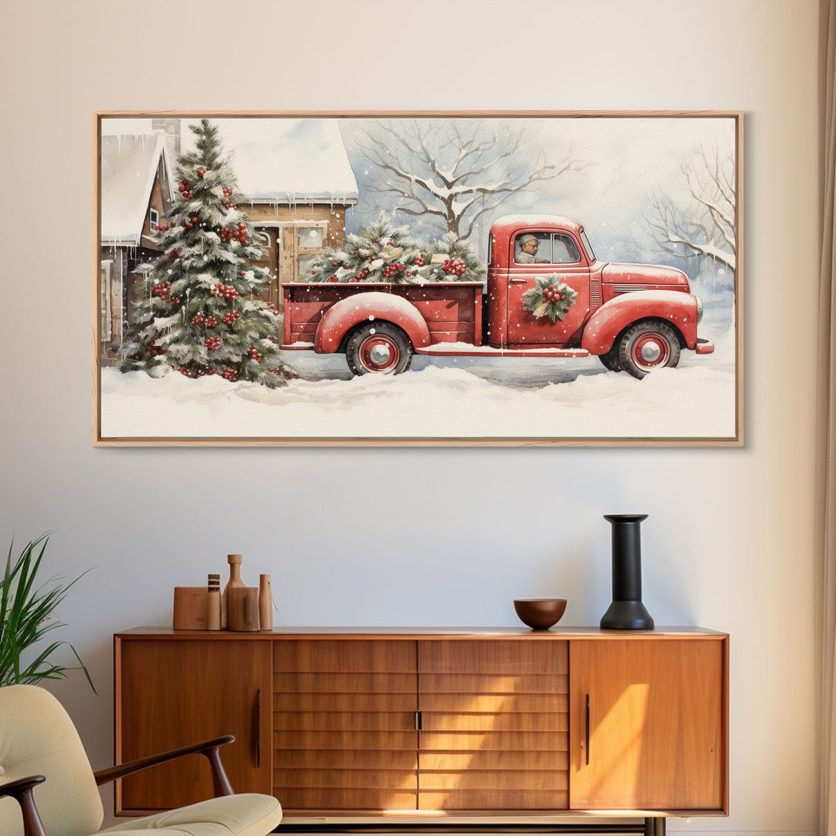 Christmas Tree Delivery - Retro Farmhouse Christmas Decor - Old Red Truck Delivering Christmas Trees - Framed Canvas Print - Holiday Decor