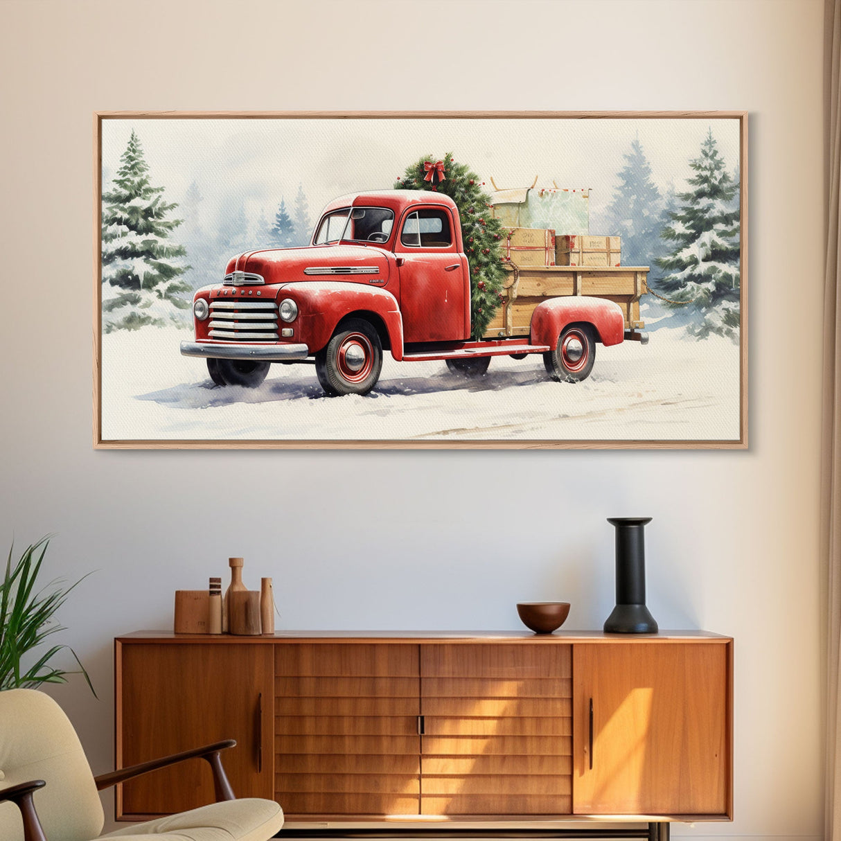 Christmas Tree Delivery - Retro Farmhouse Christmas Decor - Old Red Truck Delivering Christmas Trees - Framed Canvas Print - Holiday Decor