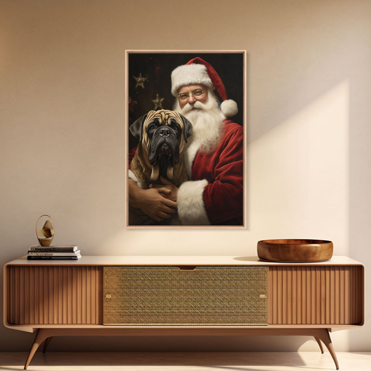 Santa and his English Mastiff, Framed Canvas Print, Christmas Wall Art, Xmas Art, Christmas Art Print, Santa Decor