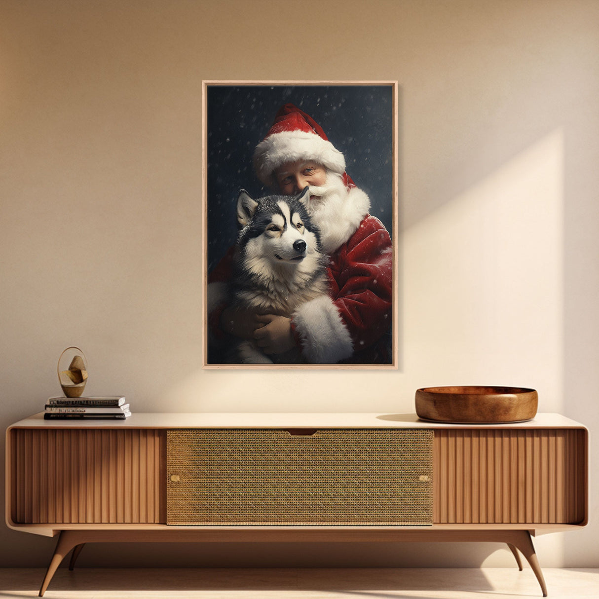 Santa Holding A Siberian Husky, Framed Canvas Print, Christmas Wall Art, Xmas Art, Christmas Art Print, Santa Decor, Farmhouse Christmas