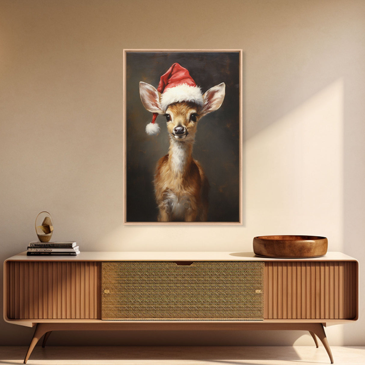 Cute Deer Wearing A Santa Hat, Christmas Decor, Woodland Animals, Christmas Wall Art, Winter Decor, Holiday Decor, Seasonal Decor