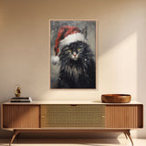 Christmas Cat In His Christmas Hat, Framed Canvas Print, Holiday Decor, Framed Canvas Print, Seasonal Wall Art