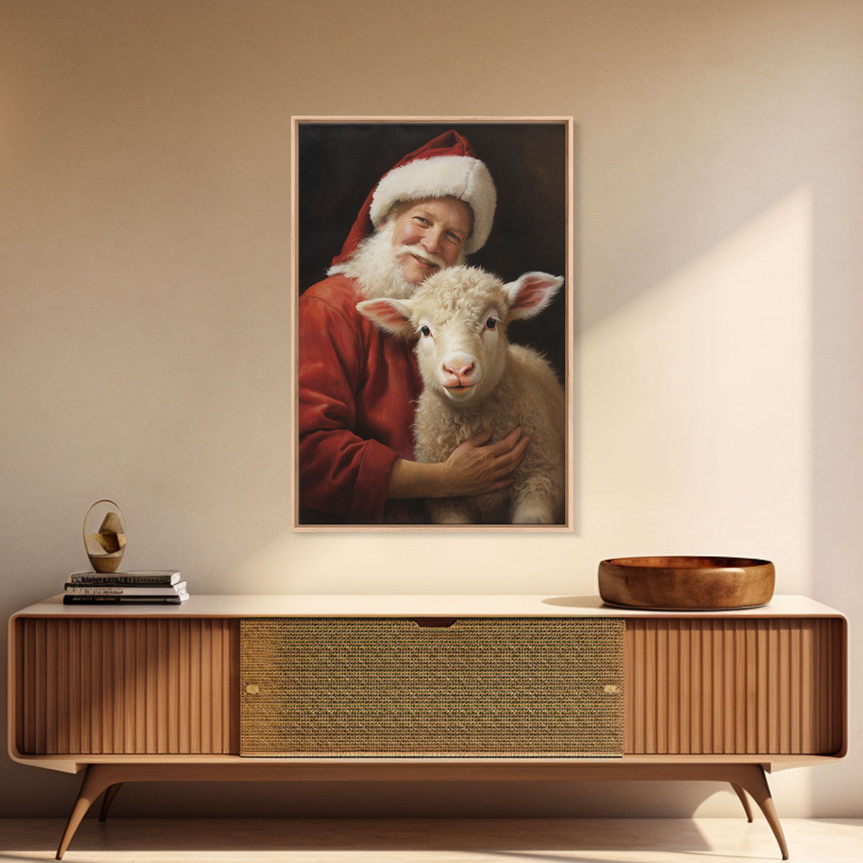 Farmhouse Christmas Decor, Santa And A Little Sheep, Framed Canvas Print, Christmas Wall Art, Xmas Art, Christmas Art Print, Santa Decor