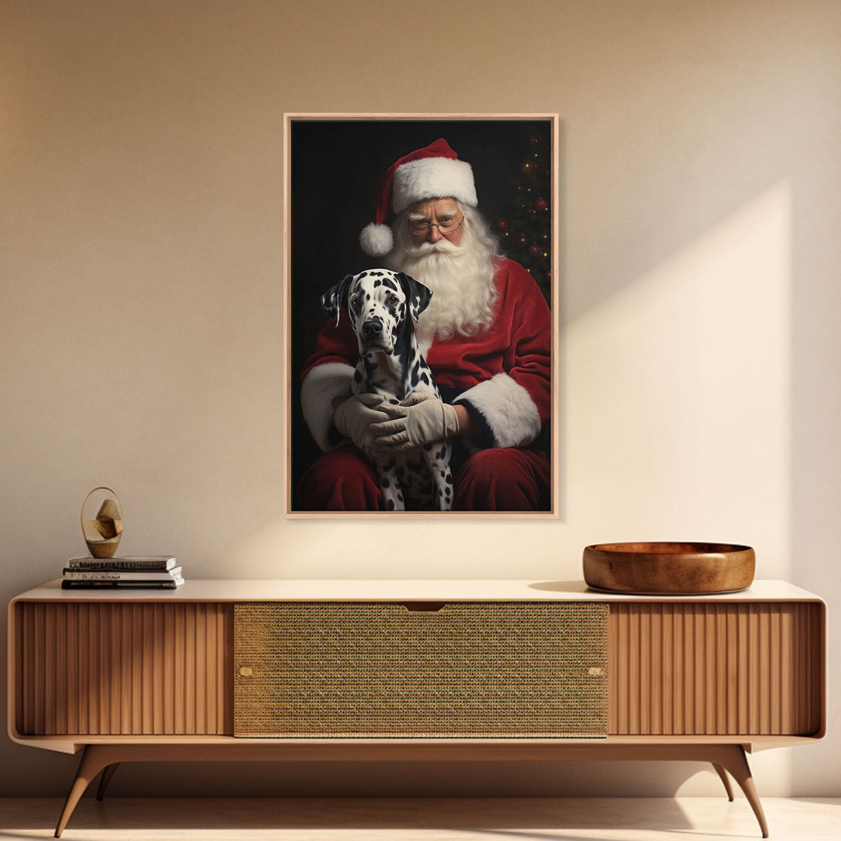 Santa and his Dalmation, Framed Canvas Print, Christmas Wall Art, Xmas Art, Christmas Art Print, Santa Decor