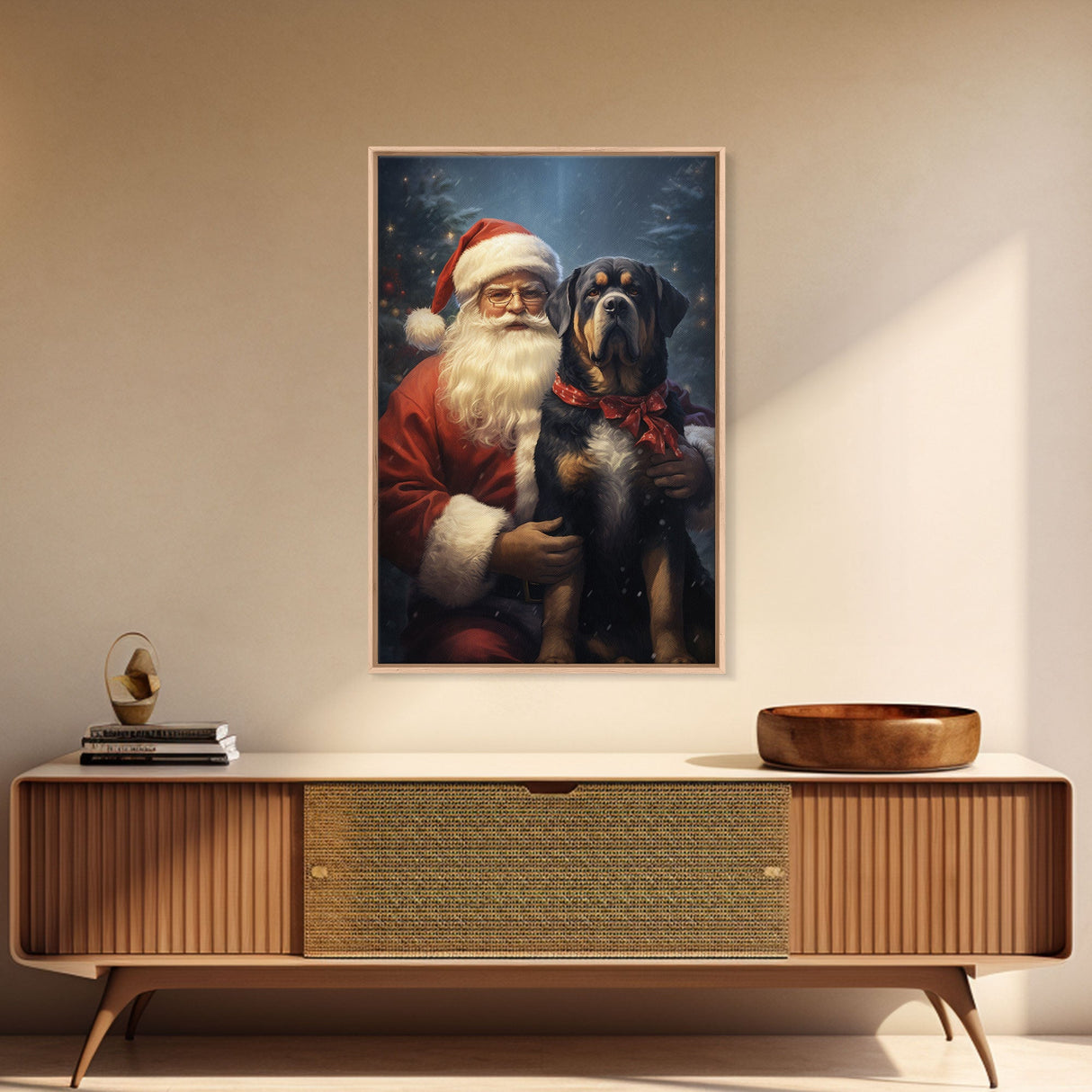 Santa Holding A Rottweiler, Framed Canvas Print, Christmas Wall Art, Xmas Art, Christmas Art Print, Santa Decor, Farmhouse Christmas