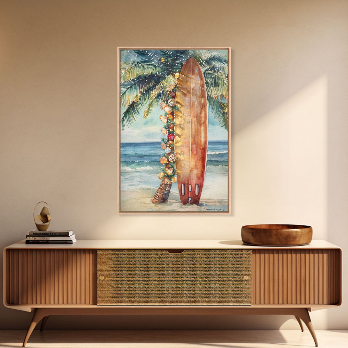 Surfboard Art Framed Canvas Print, Tropical Christmas Decor, Xmas Art, Christmas 2024 Gift Idea For Her