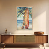 Surfboard Art Framed Canvas Print, Tropical Christmas Decor, Xmas Art, Christmas 2024 Gift Idea For Her