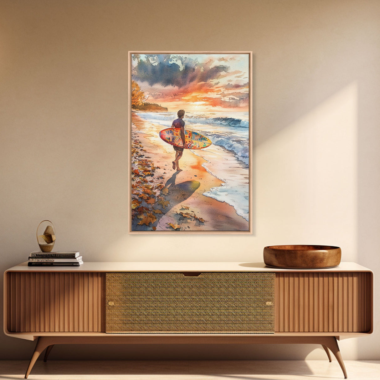 Tall Art Surfer Beach Walk At Sunset Framed Canvas Print Fall Coastal Wall Decor Best Gift Idea Holiday Wall Art Christmas Beach Art