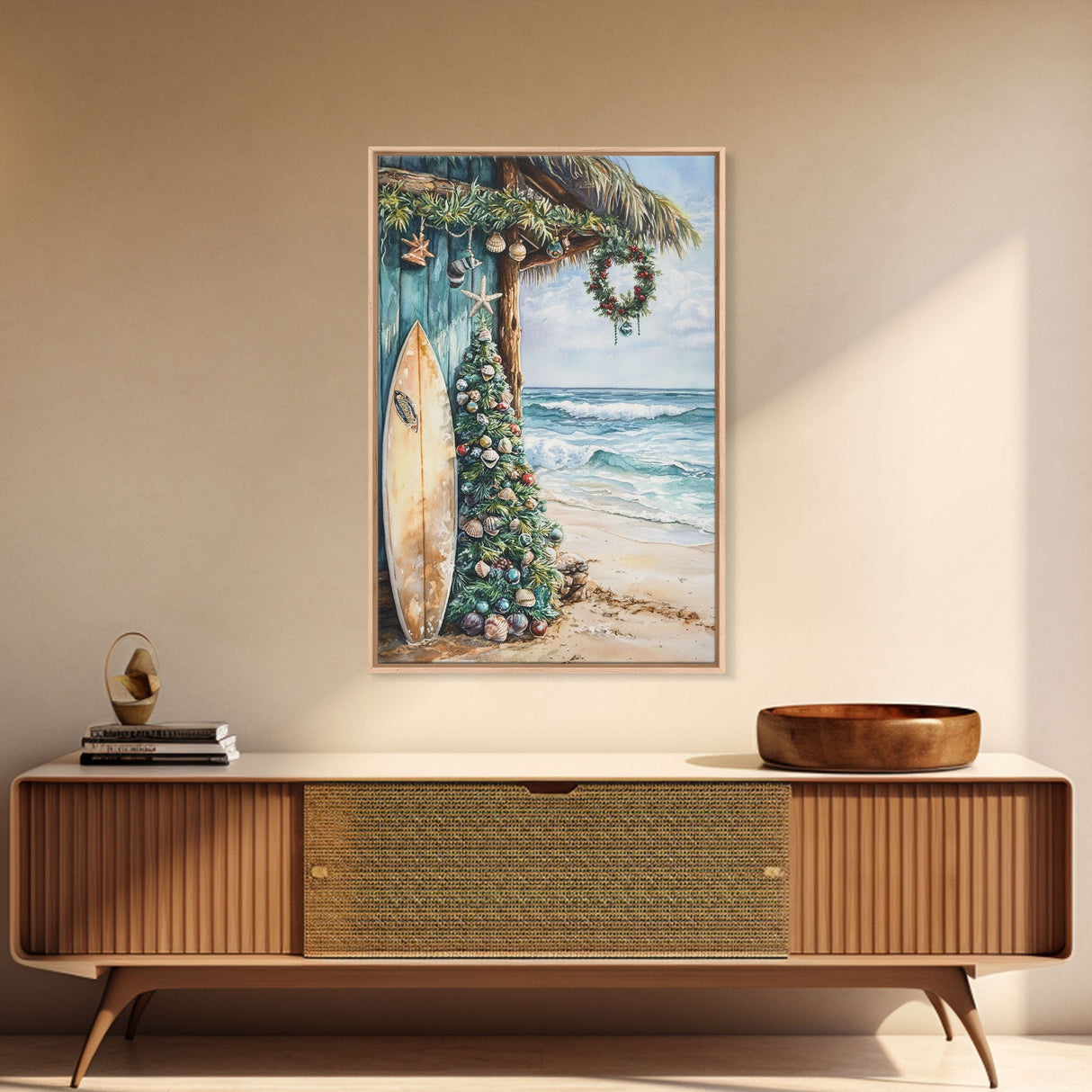 Surf Shack Christmas Framed Canvas Print, Beachfront Holiday Scene with Decorated Tree Surfboard, Coastal Wall Art Tropical Christmas Decor