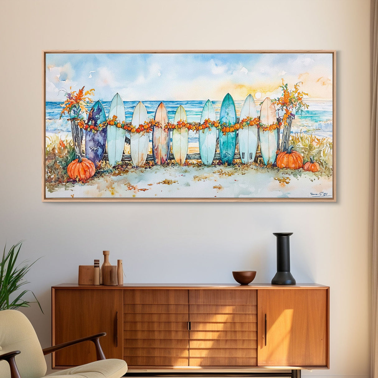 Framed Canvas Print Beach Scene with Surfboards and Pumpkins, Fall Beach Decor, Autumn Coastal Wall Art, Perfect Fall Beach Theme