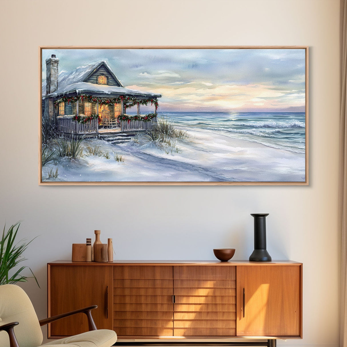 Beach Christmas decor Framed Canvas Print winter wonderland cabin Christmas vacation decor coastal Christmas wall art holiday gift idea