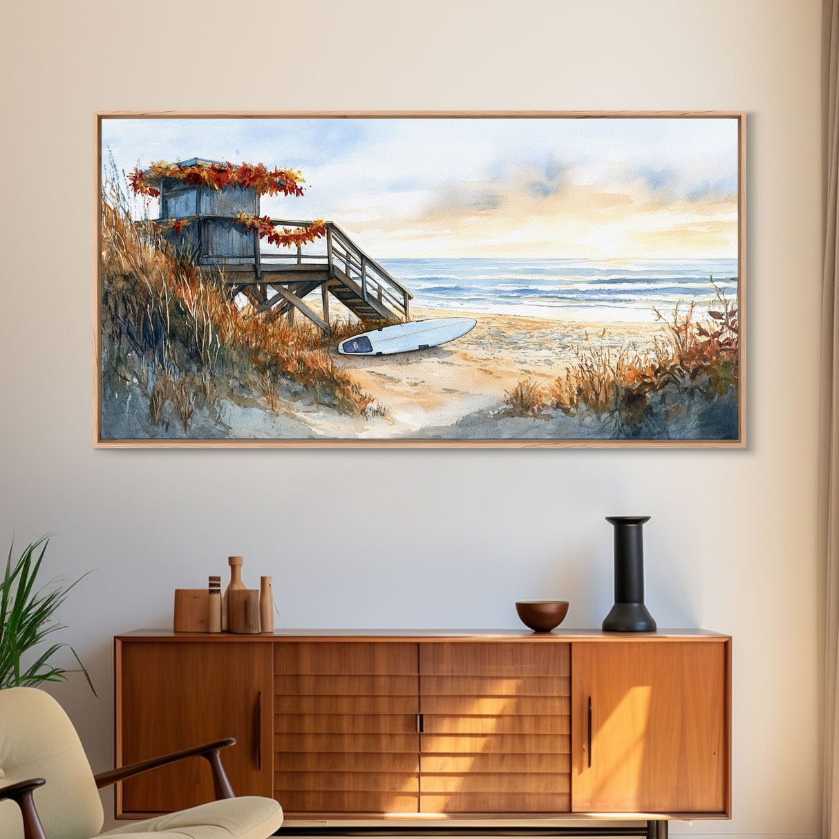 Christmas vacation decor Framed Canvas Print coastal beach cabin snowy winter landscape holiday decor gallery wall Christmas wall print