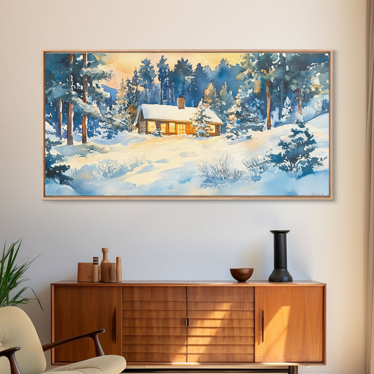 Winter cabin decor Framed Canvas Print snowy cabin and trees winter wonderland cozy holiday wall art gift idea Christmas home decor