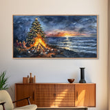 Beach Christmas decor with bonfire, sunset coastal holiday wall art, Christmas tree print, festive coastal art gift, framed canvas print