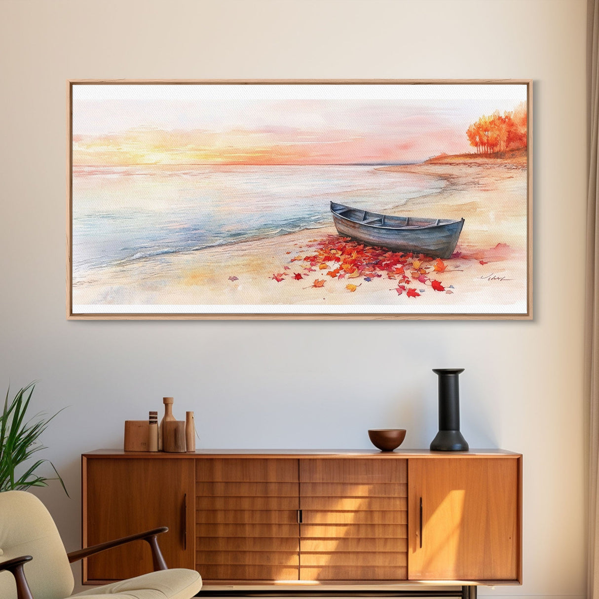 Autumn beach landscape art, fall sunset wall art, coastal boat decor, beach fall home decor, seasonal wall art gift, framed canvas print