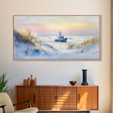 Seaside winter ship art, beach winter landscape, coastal holiday art, framed canvas print, nautical decor, Christmas wall art