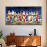 Surfboards with Christmas lights, tropical Christmas wall art, beach holiday decor, framed canvas print, coastal Christmas art, festive art