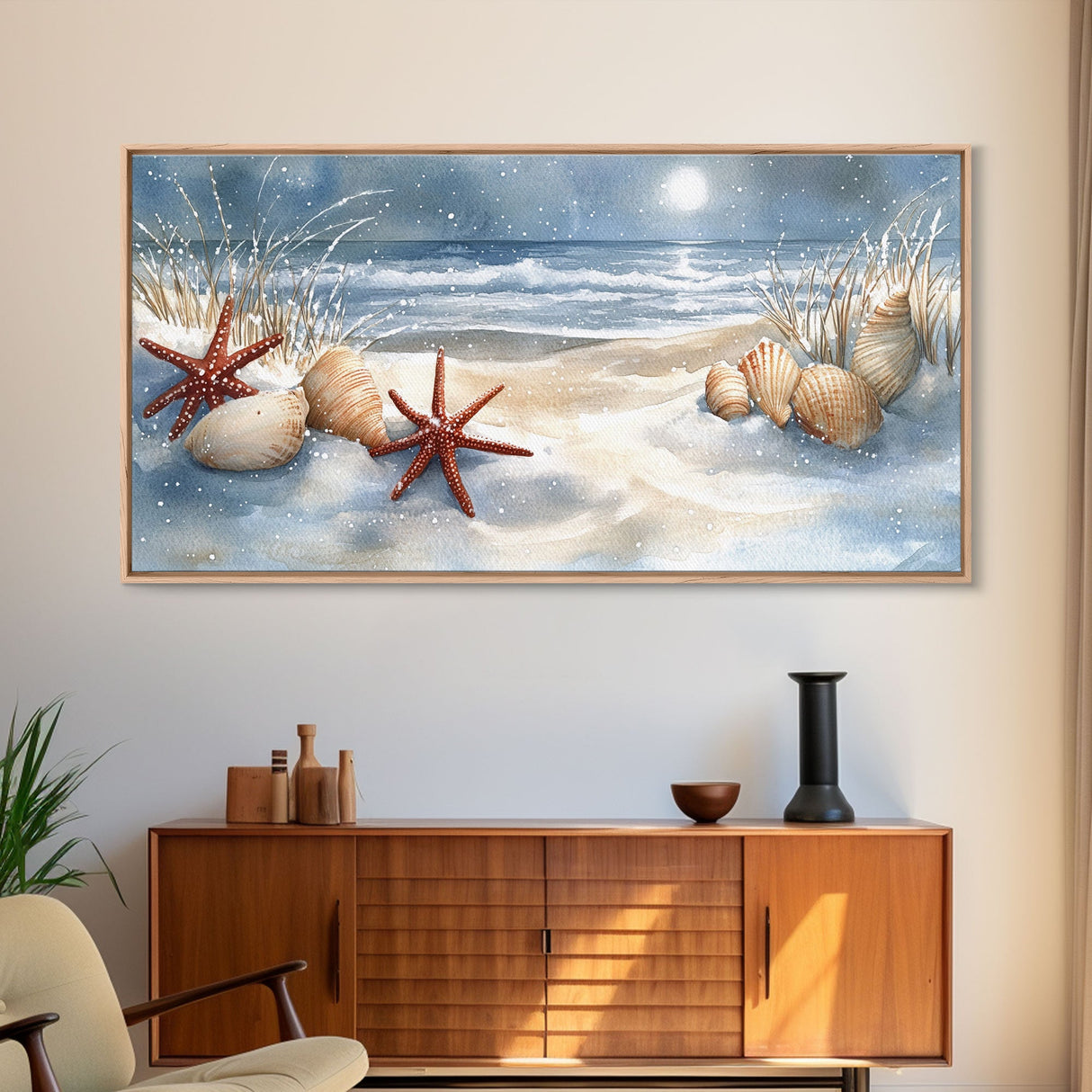 Snow-Covered Beach with Shells and Starfish, Framed Canvas Print, Coastal Holiday Decor, Nautical Christmas Art, Beach Christmas Art Gift