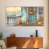 Coastal Surfboard and Pumpkins Fall Scene, Framed Canvas Print, Autumn Beach Decor, Fall Home Decor, Wall Art, Coastal Autumn Wall Print