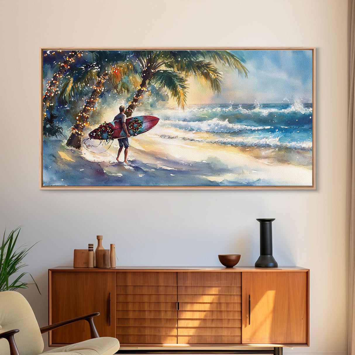 Surfer Christmas Tropical Canvas Print | Beach Christmas Art | 2024 Holiday Wall Art | Tropical Christmas Home Decor Gift Idea Coastal Decor