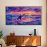 Surfing Beach Sunset Canvas Print | Purple Hues Coastal Decor | Framed Wall Art Christmas Beach Scene | 2024 Holiday Decor Christmas Gift