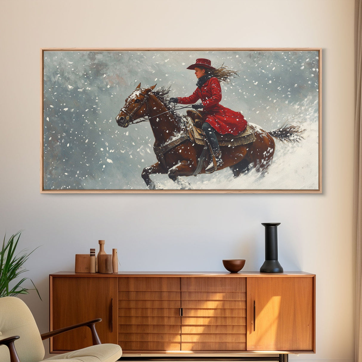 Rider In The Snow, Framed Canvas Print, Winter Wall Art, Rustic Western Decor, Primitive Home Decor, Rustic Farmhouse Art