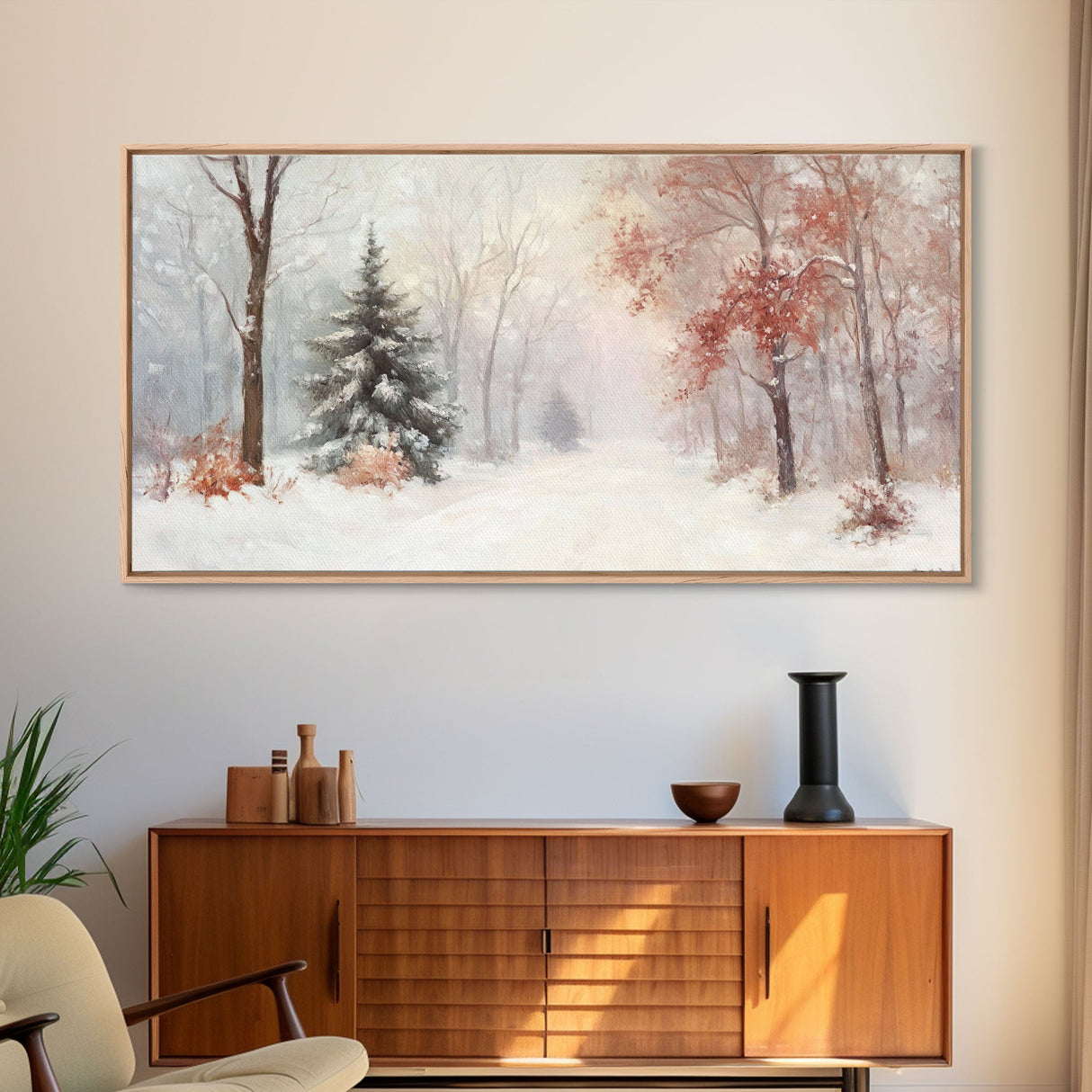 Winter In The Forest, Snowy Landscape Painting, Winter Art, Framed Canvas Print, nostalgic fall festival art for cozy seasonal home decor