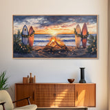 Surfboards With Christmas Garland By Bonfire At Sunset, Tropical Christmas Beach Wall Art, Coastal Holiday Framed Canvas Print