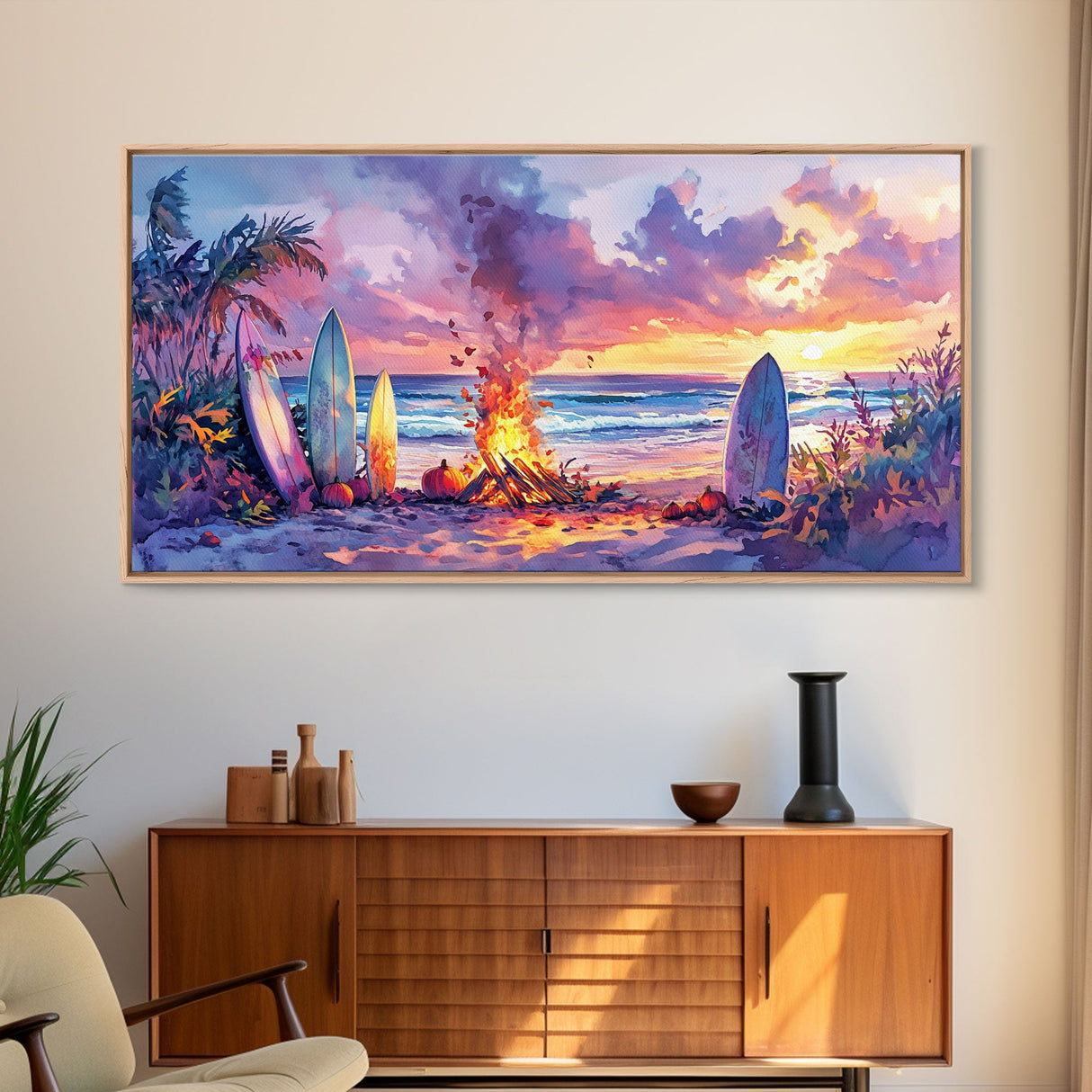 Surfboards And Bonfire At Sunset With Pumpkins, Tropical Beach Christmas Wall Art, Coastal Holiday Framed Canvas Print