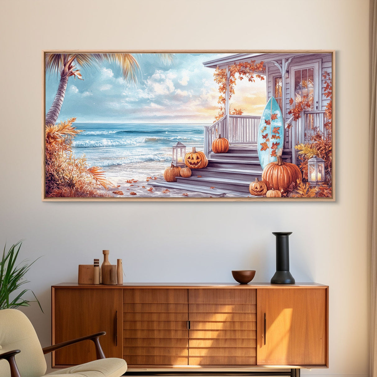 Fall Beachfront Porch With Pumpkins Autumn Decor Framed Canvas Print, Coastal Autumn Home Decor Wall Art Beach Vibes