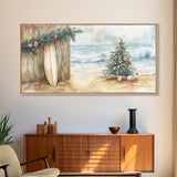 Christmas Tree On Sandy Beach With Surfboard Coastal Decor Framed Canvas Print, Beach Christmas Decor Wall Art