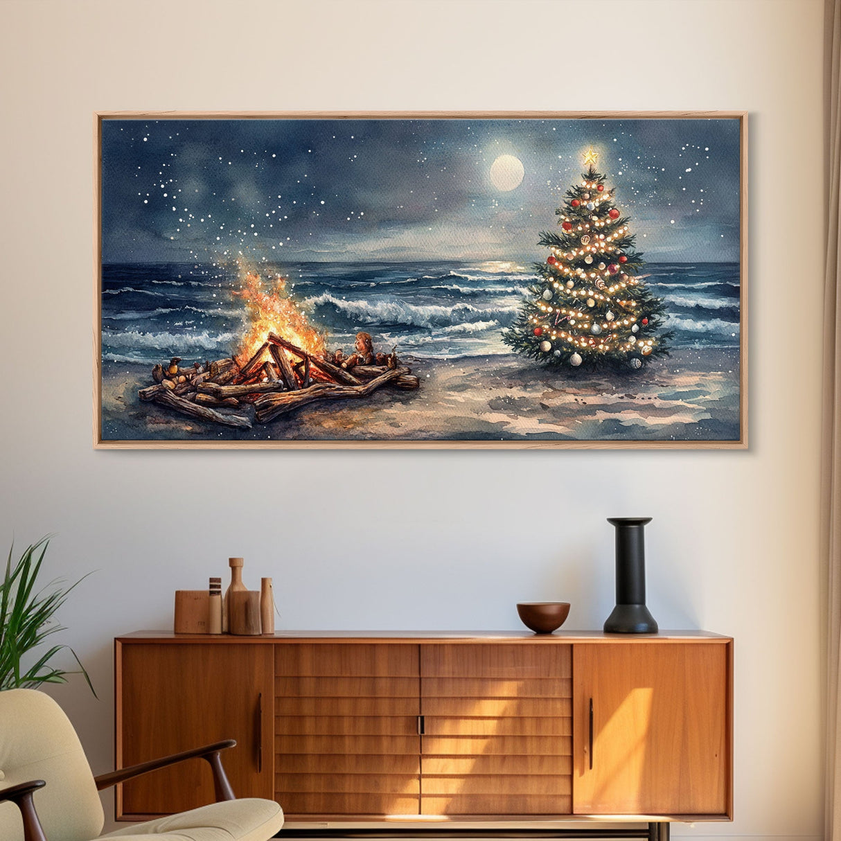 Cozy Bonfire On Beach With Christmas Tree Framed Canvas Print, Nighttime Winter Beach Holiday Wall Art And Coastal Decor