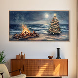 Cozy Bonfire On Beach With Christmas Tree Framed Canvas Print, Nighttime Winter Beach Holiday Wall Art And Coastal Decor