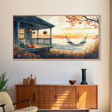 Cozy Autumn Porch with Pumpkins Framed Canvas Print, Warm Sunset Beach Scene Perfect Fall Seasonal Wall Art and Home Decor