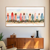 Surfboard Christmas Decor Framed Canvas Print, Coastal Holiday Scene with Festive Garland and Beachy Vibes Tropical Christmas Art