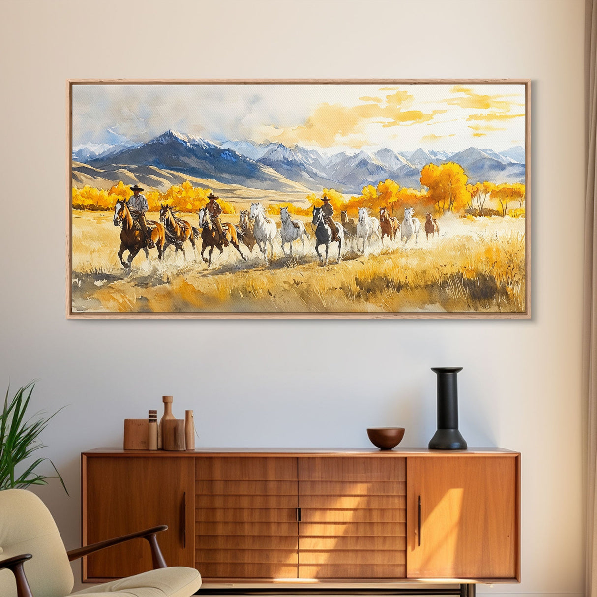 Western Cowboy Horse Drive Framed Canvas Print, Autumn Mountain Landscape with Riders and Horses in Golden Fall Light Wall Art