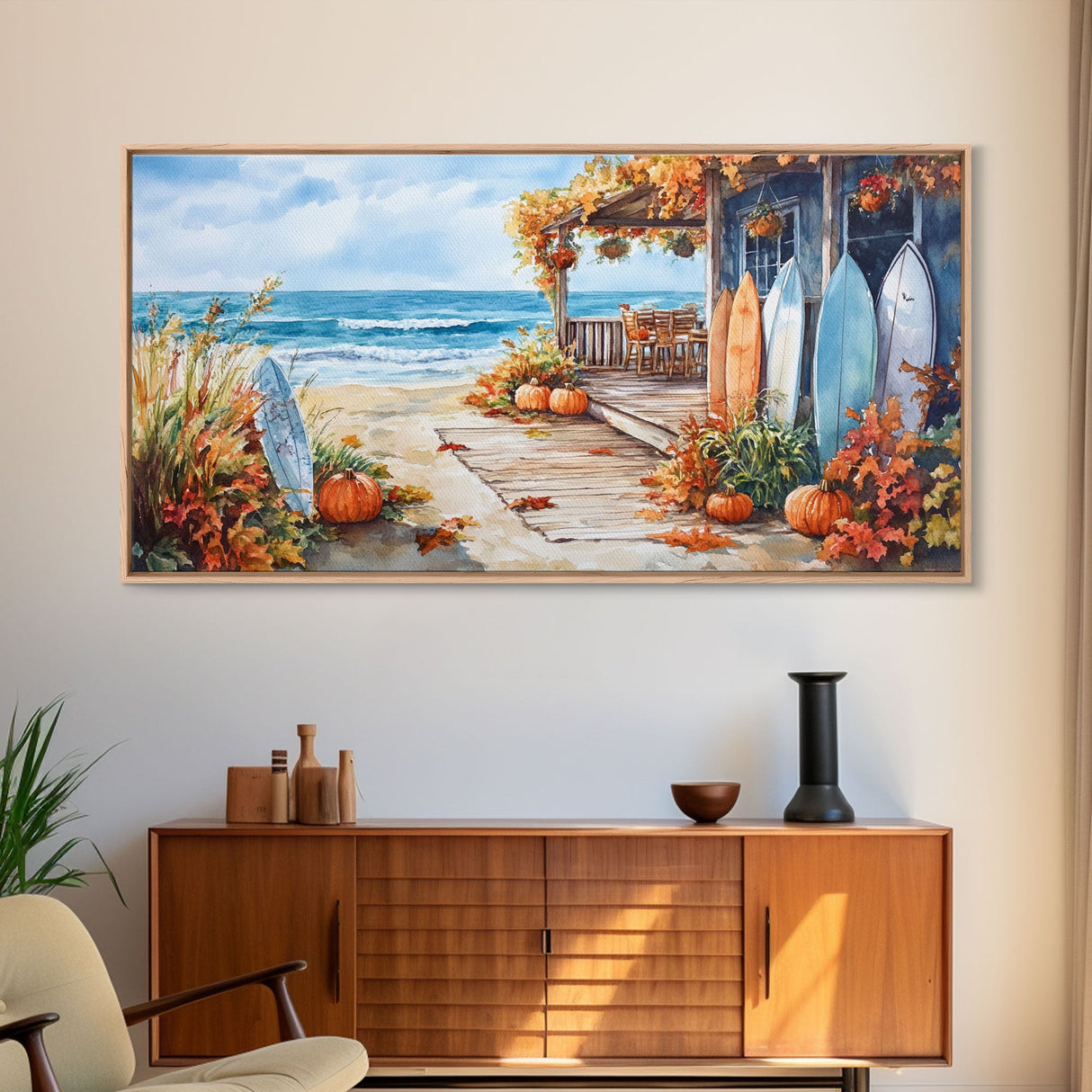 Autumn surfboard porch decor scene, Framed Canvas Print with pumpkins and fall leaves on beach, autumn beach house wall art and decor piece