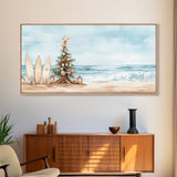 Beach Christmas scene with surfboards and decorated tree, tropical holiday art framed canvas print, perfect coastal seasonal decor