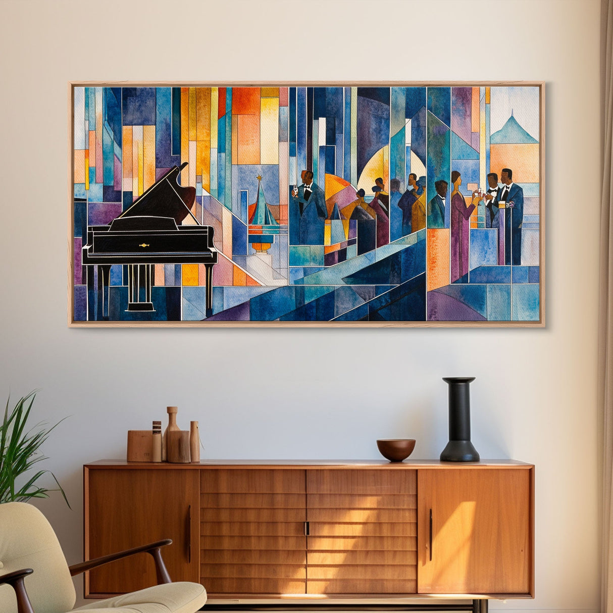 Abstract jazz party scene with grand piano, colorful stained glass aesthetic, framed canvas print ideal vibrant music wall art decor