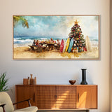 Christmas family picnic by the beach with surfboards and tree, framed canvas print tropical coastal holiday beach Christmas decor