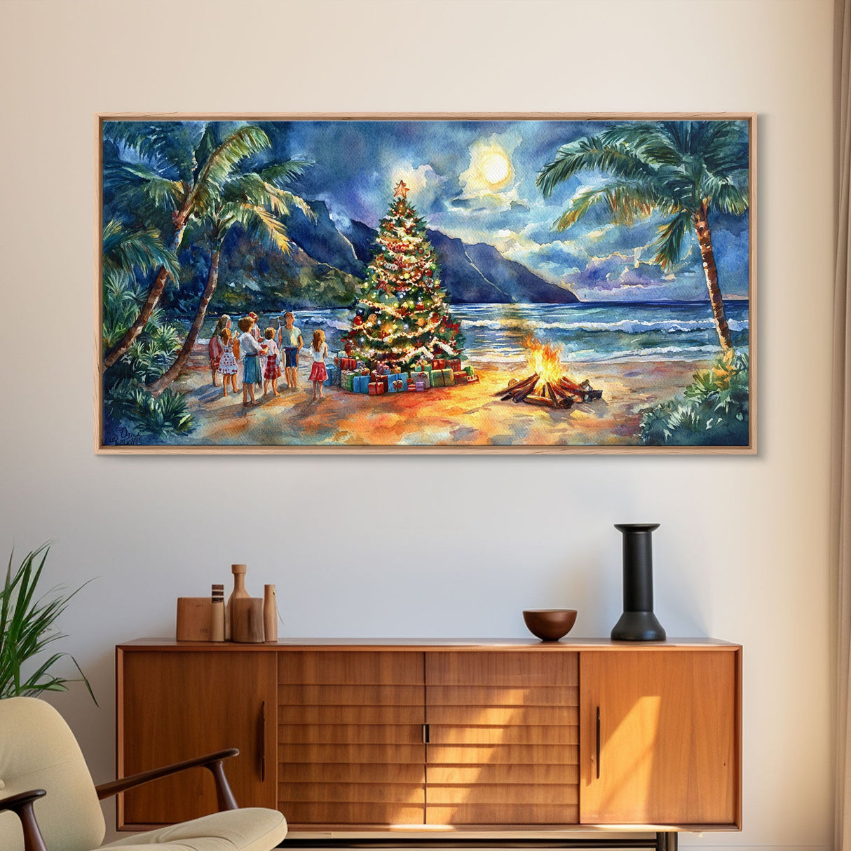 Hawaiian Christmas beach scene with bonfire and tree, framed canvas print perfect tropical holiday coastal decor wall art