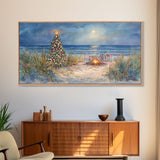 Beach Christmas family gathering by the ocean and bonfire, framed canvas print featuring tropical holiday decor wall art