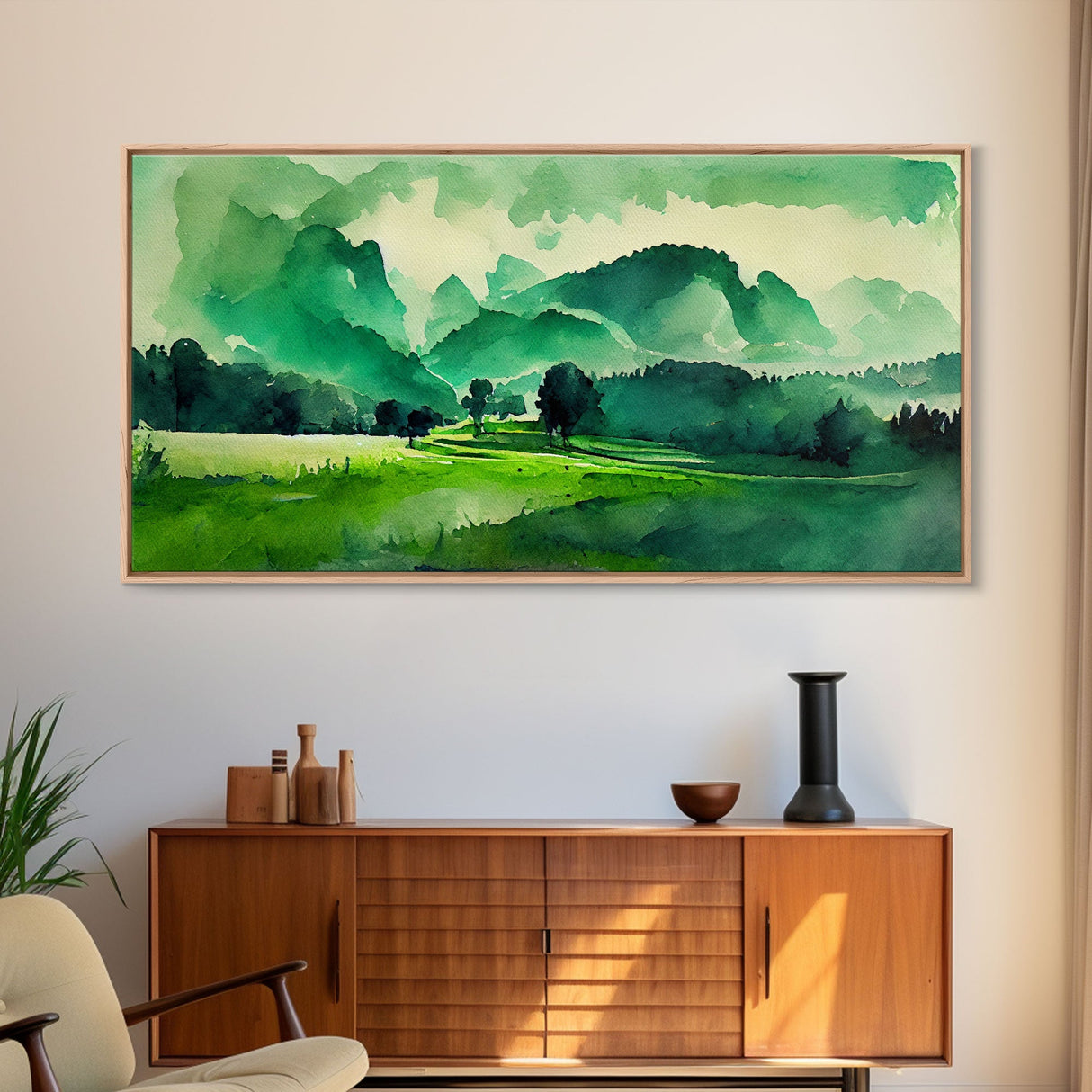 Emerald Green Watercolor Landscape Abstract, ready to hang canvas print wall art, framed canvas wall art